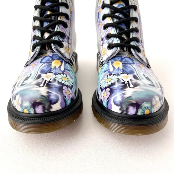 DR. MARTENS | Pascal Paint Slick Backhand Purple White Floral Drip Boots US 7 - Picture 7 of 13
